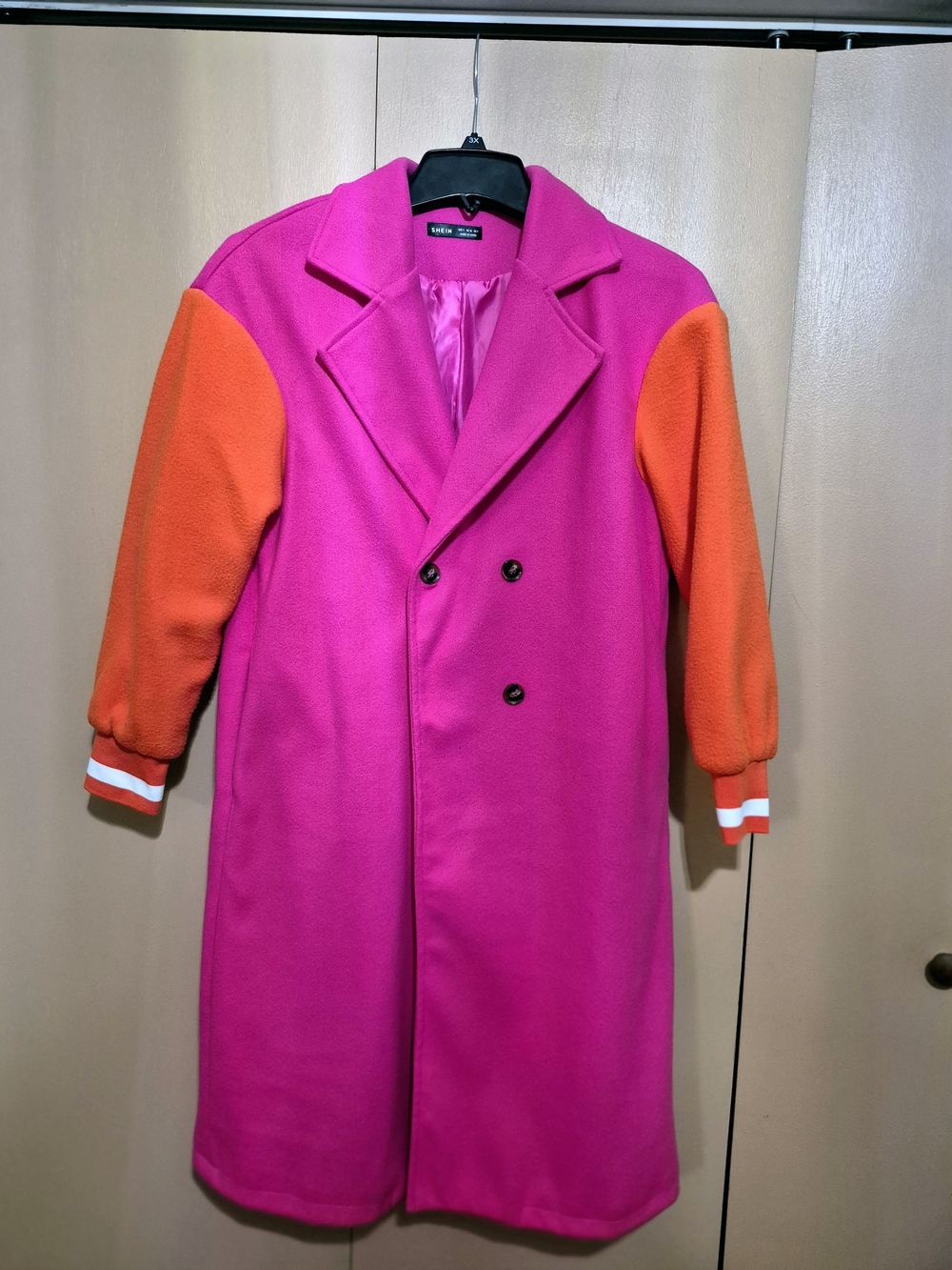 Bright Pink & Orange Women's Wool-Blend Long Coat
